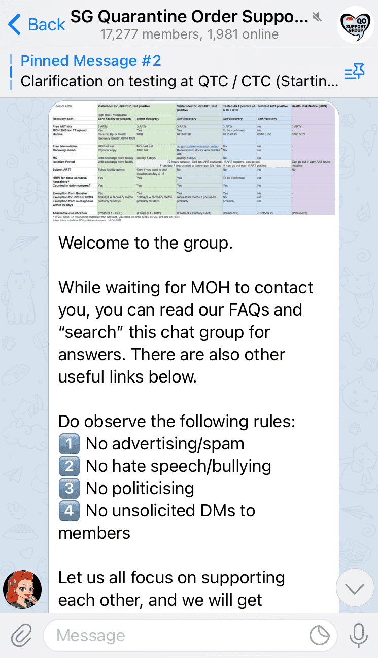 screenshot of SGQO Support Group on Telegram